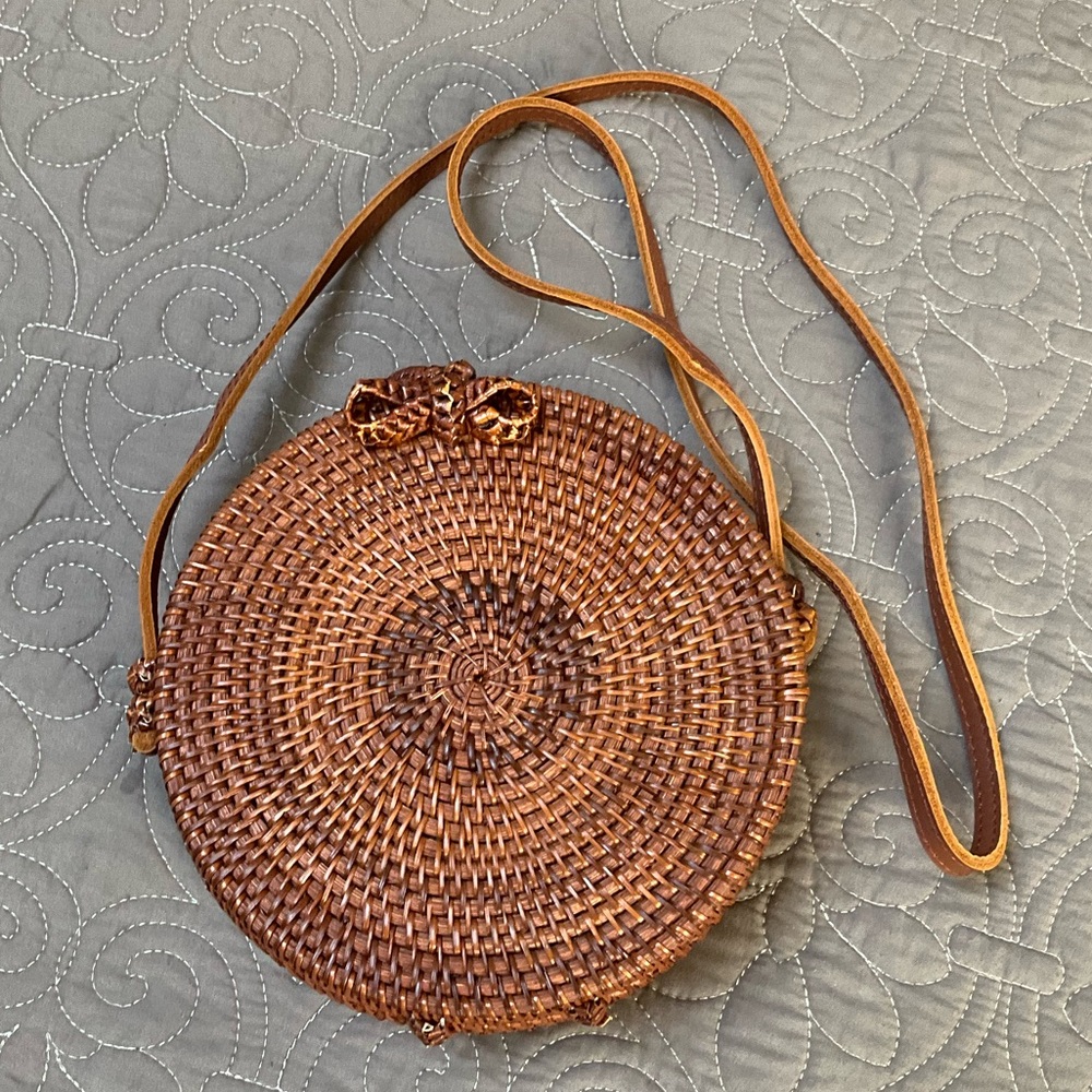 Handmade Round Wicker Basket Crossbody Bag